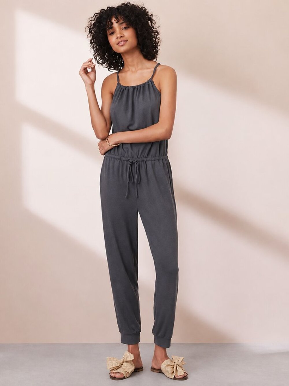Lou & Grey Coastal Grey Strappy Jogger Jumpsuit Drawstring Sleeveless S NWT